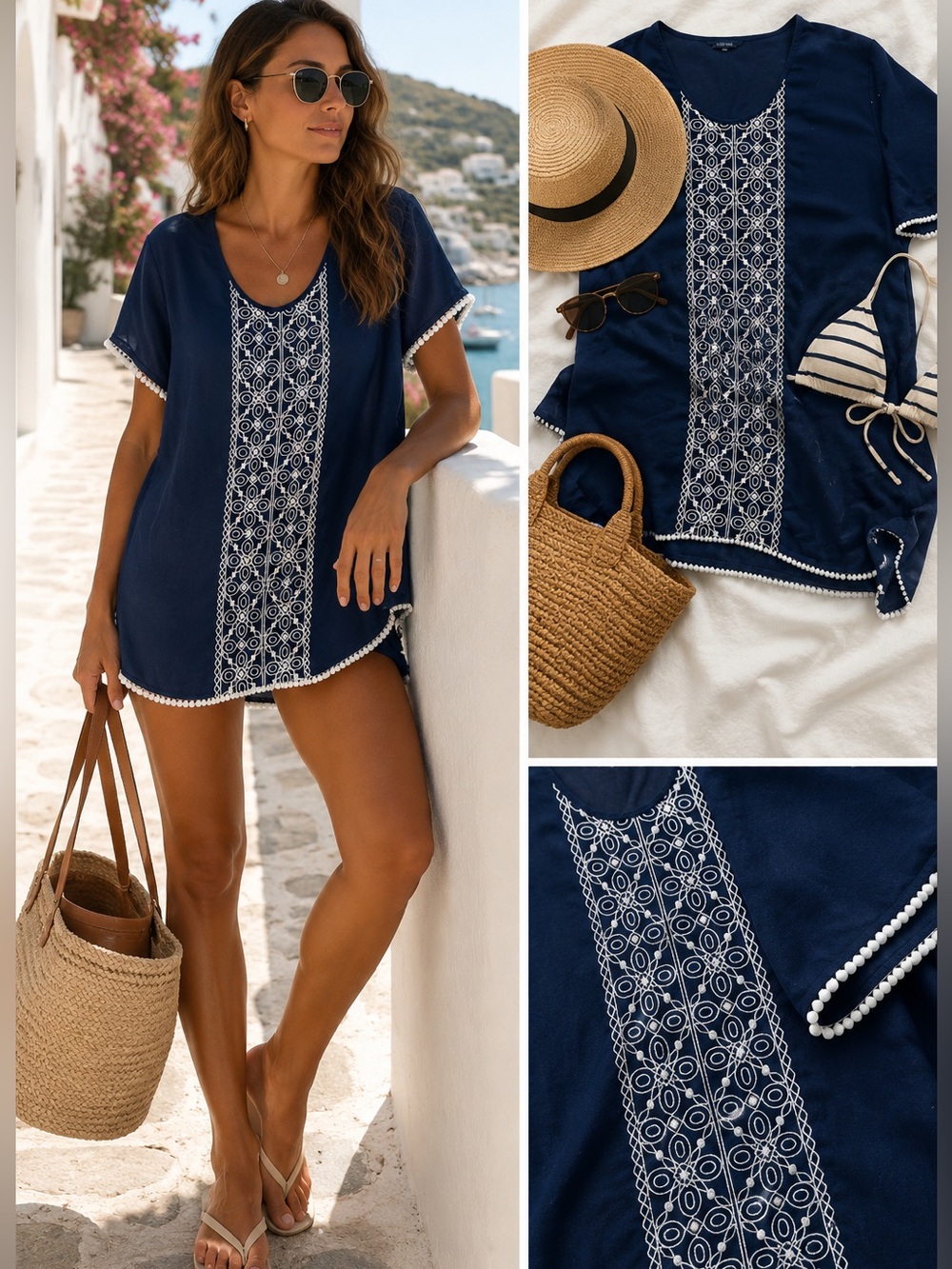 Lands’ End Navy Embroidered Beach Cover Up Size Small Pom Trim Swim Resort